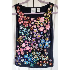 Emma Tricot‎ S Floral Beaded 3D Top Sequin Y2K Sweater Tank Art To Wear